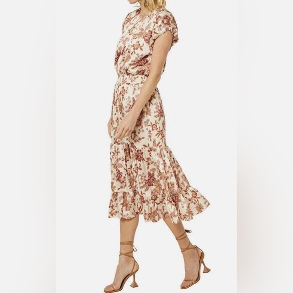 NEW MISA Los Angeles Paulina Puff Short Sleeve Midi Dress Beige & Brown Sz XS - Picture 1 of 12